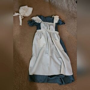 Girls Pioneer Blue and White Dress with Bonnet